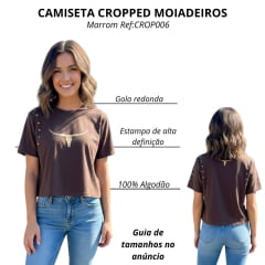 Camiseta Cropped Feminino Os Moiadeiros Premio Marrom Com Estrelas E Longhorn Dourado Ref:CROP0006