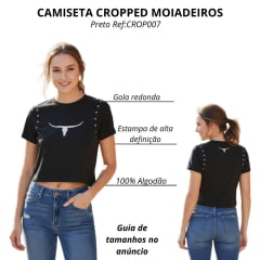 Camiseta Cropped Feminino Os Moiadeiros Premio Preto Com Estrelas E Longhorn Branco Ref:CROP0007
