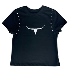 Camiseta Cropped Feminino Os Moiadeiros Premio Preto Com Estrelas E Longhorn Branco Ref:CROP0007
