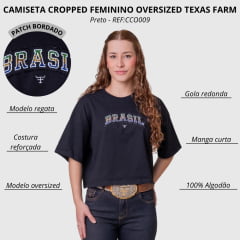 Cropped Feminino Texas Farm Oversized Preta Estampa Brasil Strass Nas Cores Da Bandeira REF:CCO009