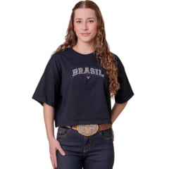 Cropped Feminino Texas Farm Oversized Preta Estampa Brasil Strass Nas Cores Da Bandeira REF:CCO009