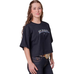 Cropped Feminino Texas Farm Oversized Preta Estampa Brasil Strass Nas Cores Da Bandeira REF:CCO009