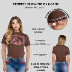 Camiseta Cropped Feminino Ox Horns Marrom Manga Curta Com Desenho De Cavalo E Franjinhas Nas Mangas E Barra Ref:6451