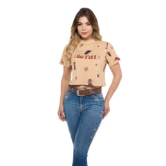 Camiseta Cropped Feminino Ox Horns Nude Com Estampa De Bota E Chapéu Ref:6455