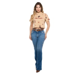 Camiseta Cropped Feminino Ox Horns Nude Com Estampa De Bota E Chapéu Ref:6455