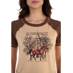 Camiseta Cropped Feminino Ox Horns Raglan Nude Marrom Com Estampa De Cavalo Ref:6515