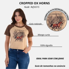 Camiseta Cropped Feminino Ox Horns Raglan Nude Marrom Com Estampa De Cavalo Ref:6515