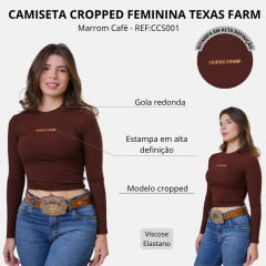 Cropped Feminino Texas Farm Manga Longa Cowgirl Skin Marrom Café Logo Caramelo Ref:CCS001