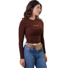 Cropped Feminino Texas Farm Manga Longa Cowgirl Skin Marrom Café Logo Caramelo Ref:CCS001