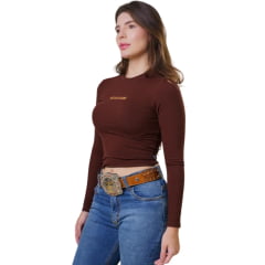 Cropped Feminino Texas Farm Manga Longa Cowgirl Skin Marrom Café Logo Caramelo Ref:CCS001