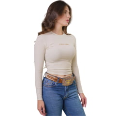 Cropped Feminino Texas Farm Manga Longa Cowgirl Skin Off White Logo Bege REF:CCS001