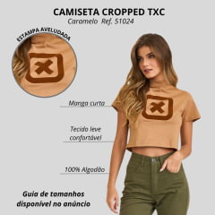 Cropped Feminino TXC Manga Curta Slim Meia Malha Caramelo Estampado Com Logo Caramelo Escuro Ref:51024