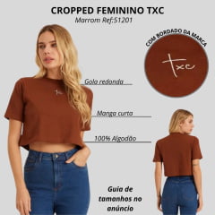 Camiseta Cropped Feminino TXC Manga Curta Slim Meia Malha Penteada Marrom Ref:51201