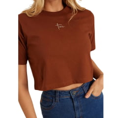 Camiseta Cropped Feminino TXC Manga Curta Slim Meia Malha Penteada Marrom Ref:51201