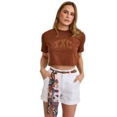 Cropped Feminino TXC Slim Fio 30 Manga Curta Marrom Com Logo Bordado Ref:51254