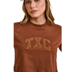 Cropped Feminino TXC Slim Fio 30 Manga Curta Marrom Com Logo Bordado Ref:51254