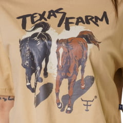 Cropped Feminino Texas Farm Oversized Manga Curta Bege Areia Estampa Cavalos Marrom Ref:CCO004