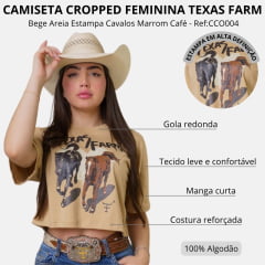 Cropped Feminino Texas Farm Oversized Manga Curta Bege Areia Estampa Cavalos Marrom Ref:CCO004
