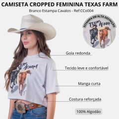 Cropped Feminino Texas Farm Oversized Manga Curta Branco Estampa Cavalos Logo Preto Ref:CCo004