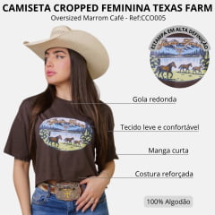 Cropped Feminino Texas Farm Oversized Manga Curta Marrom Café Estampa Logo Caramelo Ref:CCO005