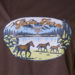Cropped Feminino Texas Farm Oversized Manga Curta Marrom Café Estampa Logo Caramelo Ref:CCO005