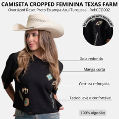 Cropped Feminino Texas Farm Oversized Reset Manga Curta Preto Estampa Azul Turquesa Ref:CCO002