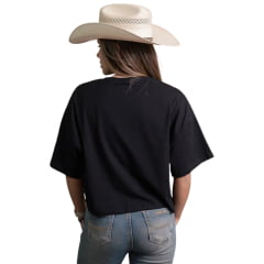 Cropped Feminino Texas Farm Oversized Reset Manga Curta Preto Estampa Azul Turquesa Ref:CCO002