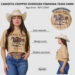 Cropped Feminino Texas Farm Oversized Spirit Manga Curta Bege Areia Estampa Cavalos Marrom REF:CCO001