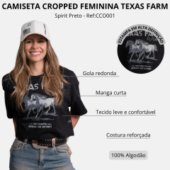 Cropped Feminino Texas Farm Oversized Spirit Manga Curta Preto Estampa Cavalos Cinza Chumbo Ref:CCO001