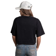 Cropped Feminino Texas Farm Oversized Spirit Manga Curta Preto Estampa Cavalos Cinza Chumbo Ref:CCO001