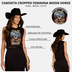 Cropped Feminino Moon Horse Save Rodeo Preto Bordado Tachinhas Com Rendas REF:01.13.510