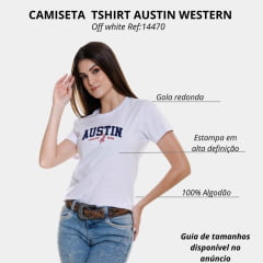 Camiseta Feminina Austin Western Tshirt Manga Curta Off White Com Logo Bordada Azul E Vermelho Ref:14470