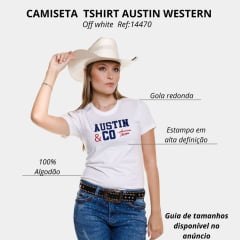 Camiseta Feminina Austin Western Tshirt Manga Curta Off White Com Logo Bordada Azul E Vermelho Ref:14470