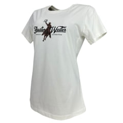 Camiseta Feminina Austin Western Tshirt Manga Curta Off White Estampada Cowboy Laçando Em Preto E Marrom