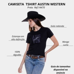 Camiseta Feminina Austin Western Tshirt Manga Curta Preto Com Logo Bordada Preto Cinza E Branco Ref:14470