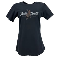 Camiseta Feminina Austin Western Tshirt Manga Curta Preto Estampada Cowboy Laçando E Logo Em Branco E Marrom Camiseta Feminina Austin Western Tshirt Manga Curta Preto Estampada Cowboy Laçando E Logo Em Branco E Marrom
