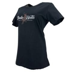 Camiseta Feminina Austin Western Tshirt Manga Curta Preto Estampada Cowboy Laçando E Logo Em Branco E Marrom