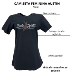 Camiseta Feminina Austin Western Tshirt Manga Curta Preto Estampada Cowboy Laçando E Logo Em Branco E Marrom