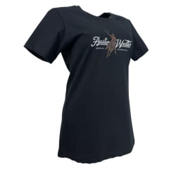 Camiseta Feminina Austin Western Tshirt Manga Curta Preto Estampada Cowboy Laçando E Logo Em Branco E Marrom