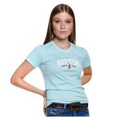 Camiseta Feminina Austin Western Tshirt Manga Curta Verde Claro Com Logo Bordada Branco E Vermelho Ref:14470