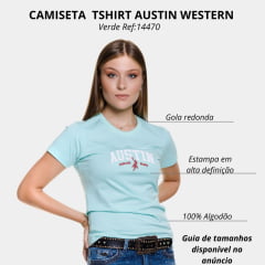 Camiseta Feminina Austin Western Tshirt Manga Curta Verde Claro Com Logo Bordada Branco E Vermelho Ref:14470
