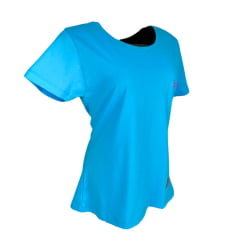 Camiseta Feminina Básica Os Boiadeiros Azul 100% Algodão com Logo Rosa