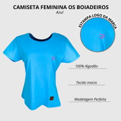 Camiseta Feminina Básica Os Boiadeiros Azul 100% Algodão com Logo Rosa