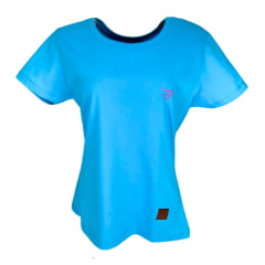 Camiseta Feminina Básica Os Boiadeiros Azul 100% Algodão com Logo Rosa
