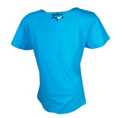 Camiseta Feminina Básica Os Boiadeiros Azul 100% Algodão com Logo Rosa