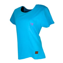 Camiseta Feminina Básica Os Boiadeiros Azul 100% Algodão com Logo Rosa