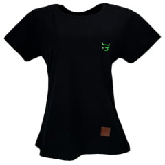 Camiseta Feminina Básica Os Boiadeiros Preta 100% Algodão Com Logo Verde