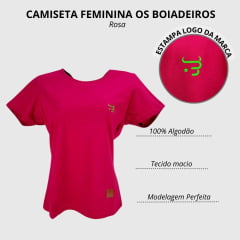 Camiseta Feminina Básica Os Boiadeiros Rosa 100% Algodão Com Logo Verde