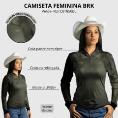 Camiseta Feminina BRK Agro Camuflada Verde Long Horn Manga Longa UV50+ Gola Padre Zíper Ref:C01850BL