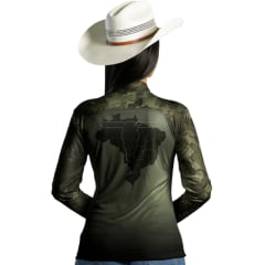 Camiseta Feminina BRK Agro Camuflada Verde Long Horn Manga Longa UV50+ Gola Padre Zíper Ref:C01850BL
